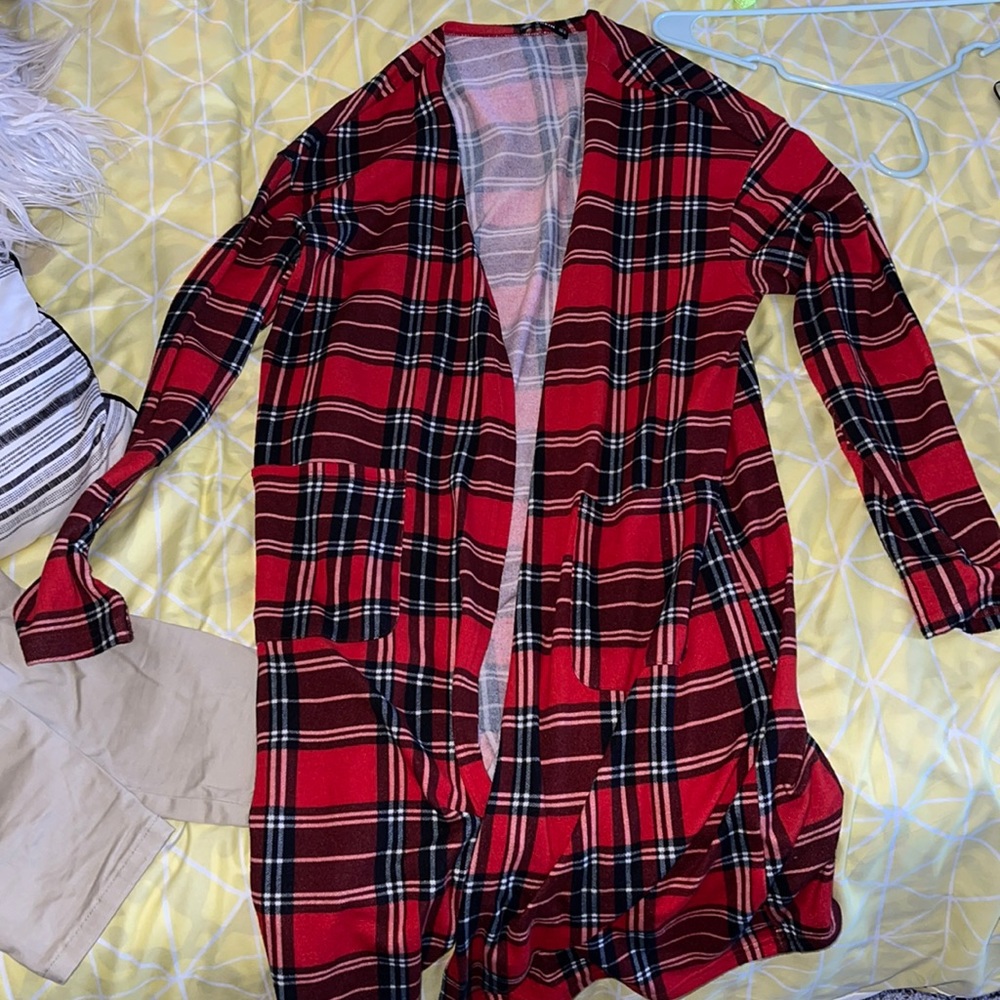 Plaid knee length cardigan